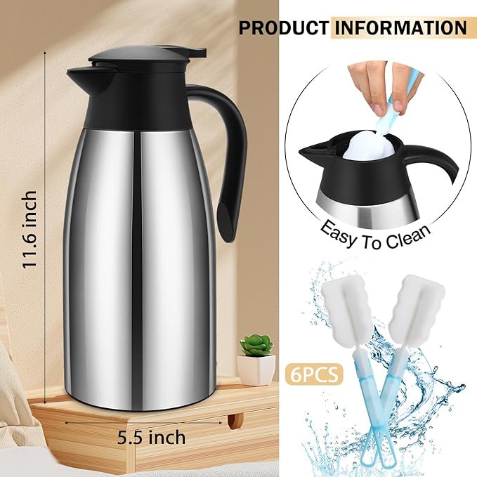 6 Pcs Coffee Carafes for Keeping Hot 68 oz Insulated Stainless Steel Thermal Coffee Carafe Drink Dispenser Flask for Tea with 4 Brushes, Keep 12 Hours Hot 24 Hours Cold(Silver)
