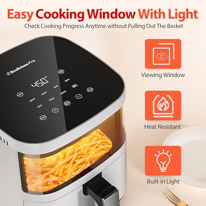 Air Fryer, Beelicious 8-in-1 Smart Compact 4QT Air Fryers with Viewing Window, Shake Reminder, 450°F Digital Airfryer with Flavor-Lock Tech, Dishwasher-Safe & Nonstick, Fit for 1-3 People, White