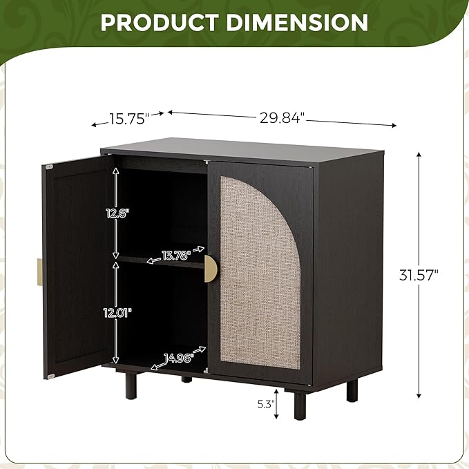 Black Rattan Sideboard Buffet Cabinet with Doors and Shelf, Rattan Accent Cabinet with Wood Feet, Boho Storage Cabinet for Living Room, Kitchen, Entryway