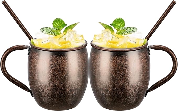 Moscow Mule MugsSet of 2-18 Oz Copper-Plated Fine Craftsmanship Etched Mugs,304 Stainless Steel-Lined Mule Cups,For Cold Drinks, Beer, Wine, Bars, Parties