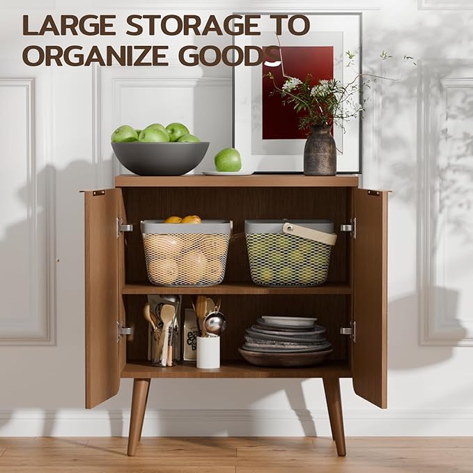 Sideboard Buffet Cabinet with Storage, Modern Fluted Accent Credenza with 2 Doors, Buffet Table Media Console Cabinet Entryway Cabinets for Living Room Kitchen Dining Room Bathroom, Walnut
