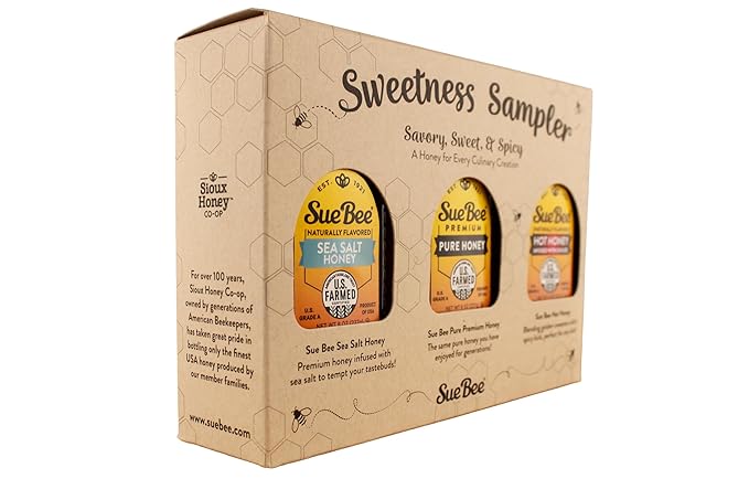 Sue Bee® Sweetness Sampler – 3 Pack Honey Gift Set | Original, Hot & Sea Salt | Pure U.S. Farmed™ Certified | Gourmet Gift Set for Foodies, Cooking, Tea, Charcuterie & Holiday Gifting 8 Oz (Pack of 3)
