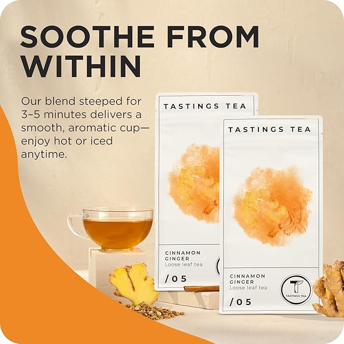 Tastings Tea Cinnamon Ginger Loose Leaf, 8 oz | Winter Warming Herbal Spice Blend for a Seasonal Brew | Natural Antioxidants for Wellness | Small Batch & Sustainably Sourced | Resealable Pouch