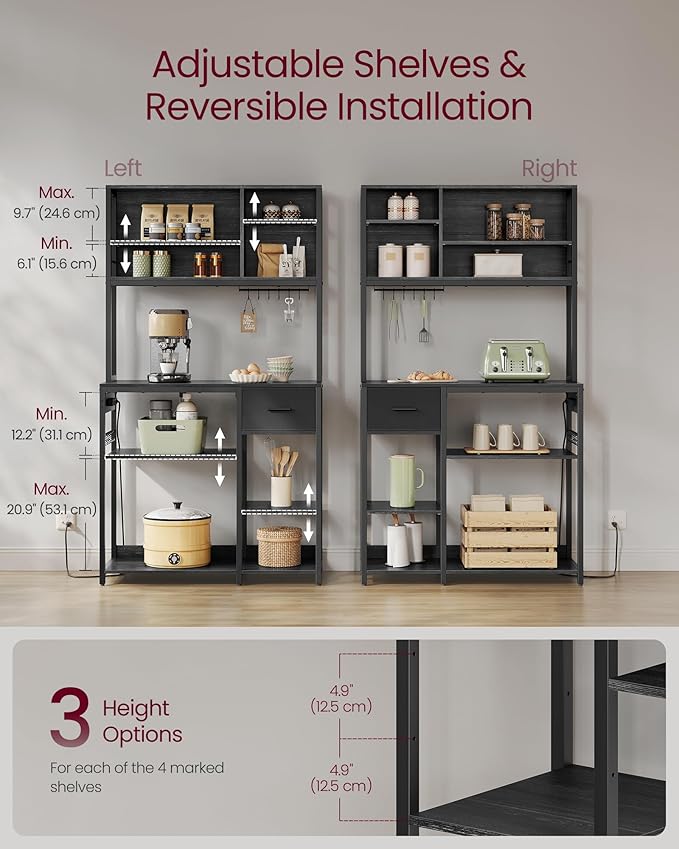 VASAGLE Bakers Rack with Charging Station, Coffee Bar, 15.7 x 39.4 x 71 Inches, Kitchen Microwave Stand, Adjustable Storage Shelves, Fabric Drawer, 12 Hooks, Charcoal Gray and Ink Black UKKS027B01