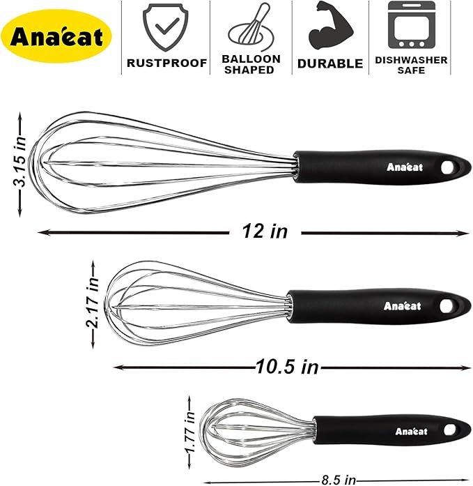 3 Packs Stainless Steel Whisk Set - Balloon Whisk, Anaeat Thick Stainless Steel Wire ＆ Strong Handles, Egg Beater for Cooking, Blending, Whisking, Beating and Stirring (9"+11"+12")
