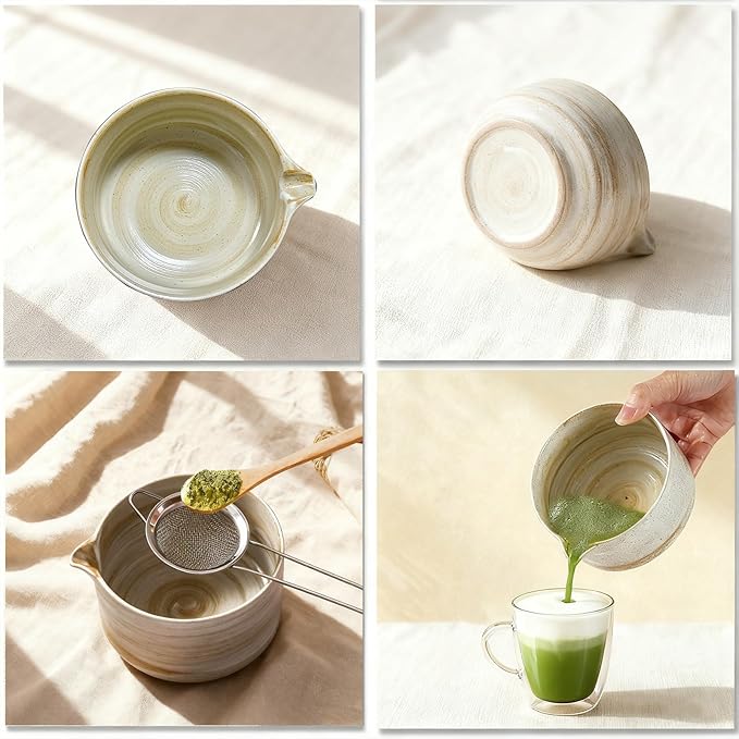 Matcha Whisk Set, 6 Piece Matcha Kit with Bamboo Whisk Ceramic Bowl with Spout Sifter Scoop Traditional Japanese Tea Accessories for Home or Gifts (set of 6)