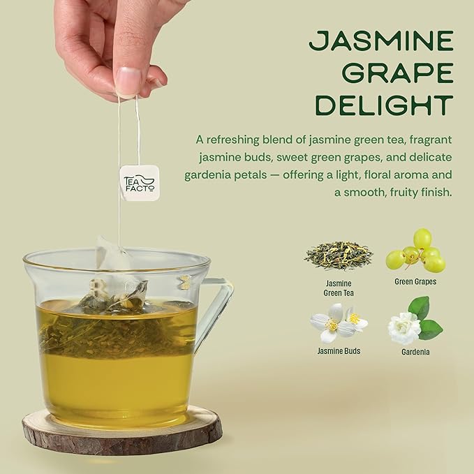 Tea Facto Green Goddess* Jasmine Green Tea with Dried Grapes and Gardenia - Clean Caffeine, Natural Fiber, Zero Added Sugar - 10 Count