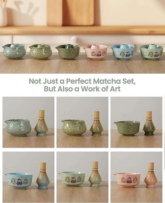 Matcha Whisk Set, Ceramic Matcha Kit Set Includes Matcha Bowl, Matcha Whisk and Holder, Bamboo Scoop, Scoop Rest, Sifter and Tea Towel - 7 Pcs Matcha Kit for Matcha Lovers(Green)
