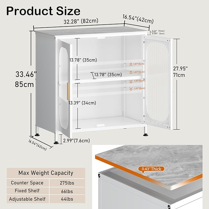 ZZL Sideboard Buffet Cabinet,Outdoor Storage Cabinet, 2 Doors, Metal,Adjustable Shelf,Sintered Stone Top(Scratch,Heat Resistant,Corrosion-Resistance) for Kitchen,Coffee Bar,Entryway(L 32.28''White)