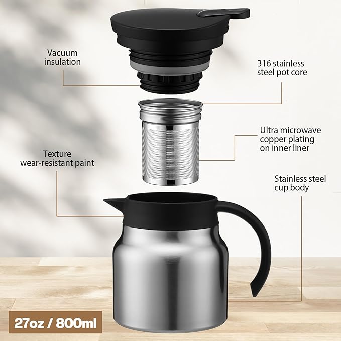 2 Pcs Thermal Coffee Carafe for Keeping Hot/Cold Stainless Steel Small Coffee Creamer Container Double Wall Vacuum Insulated Tea pot Beverage Dispenser for Milk Hot Chocolates(Sliver,27 oz)