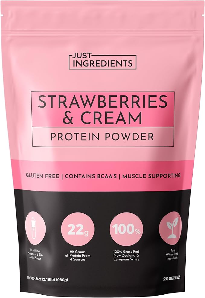 JUST INGREDIENTS Strawberries & Cream Protein Powder – 20-Serving Blend with 100% Grass-Fed Whey & Organic Plant Proteins – Real Strawberry Flavor – Supports Muscle Recovery, Energy*