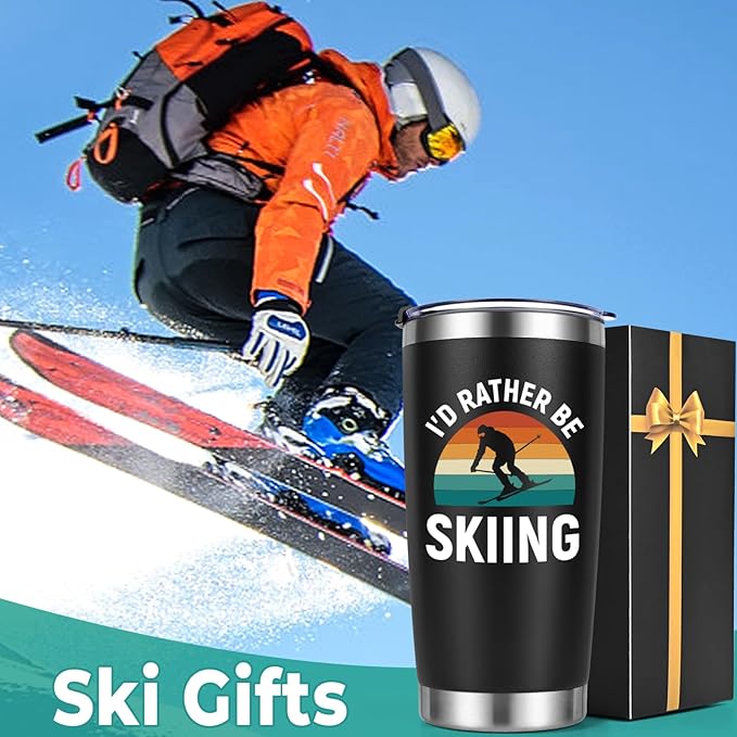 Lifecapido Ski Gifts, I'd Rather Be Skiing 20oz Insulated Tumbler, Christmas gift Skier Skiing Gifts for Skiers, Black