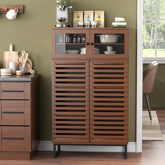 Vabches Buffet Cabinet with Storage, 51" Tall Mid Century Modern Sideboard Coffee Bar Cabinet with Grille Doors & Adjustable Shelves for Kitchen, Dining Room, Living Room, Walnut