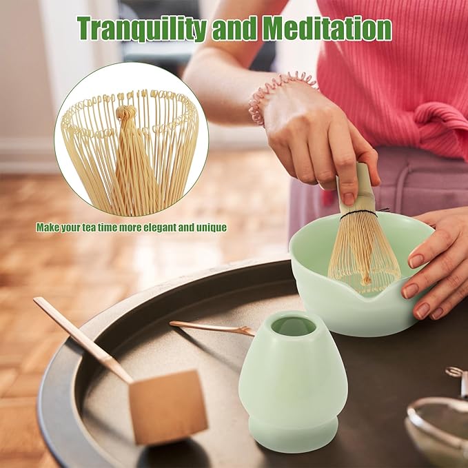 Matcha Whisk Set, 4 Pcs Matcha Set Includes Ceramic Matcha Bowl with Spout, Matcha Whisk Holder, Bamboo Matcha Whisk and Scoop - Green Matcha Tea Set, Cute Matcha Kit Set for Matcha Lovers