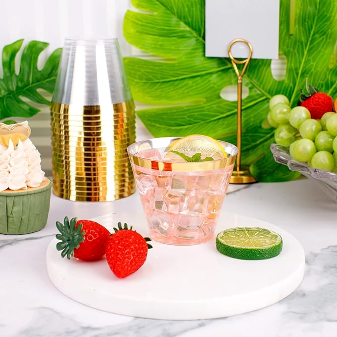 WELLIFE 120 PCS Gold Plastic Cups,9 oz Clear Plastic Cups,Disposable Wine Glasses for Party