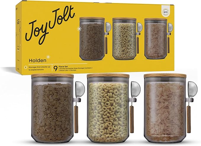 JoyJolt Holden 32oz Stackable Glass Storage Containers with Lids and Scoops, Airtight Food Canister Set of 3 w/Acacia Wood Lids, Round Stacking Pantry and Kitchen Containers w/Scoop | Smoke