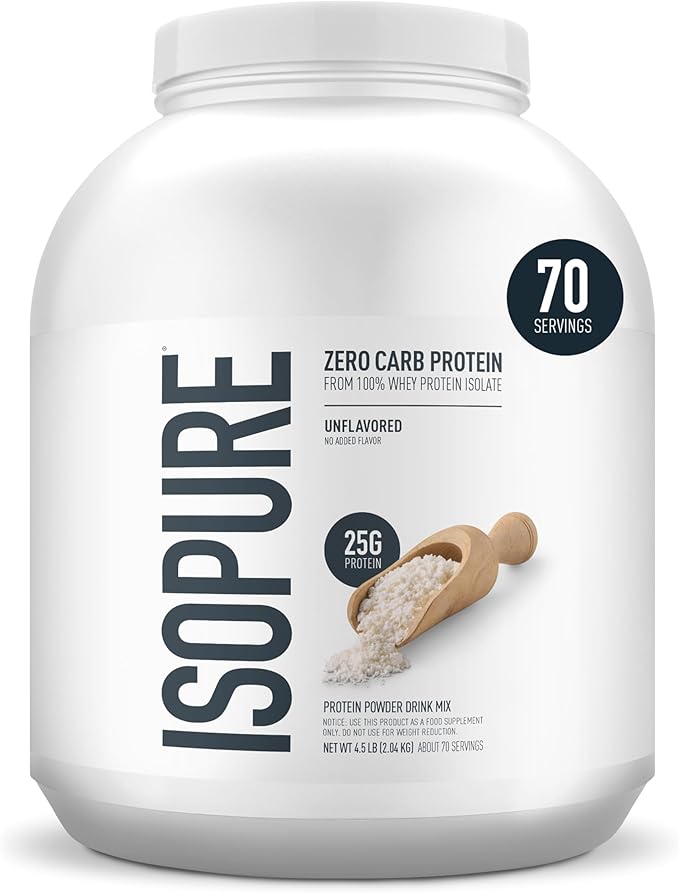 Isopure Zero Carb 100% Pure Whey Isolate Protein Powder, Lactose-Free, Gluten-Free, with Vitamins, Unflavored, 25g Protein Per Serving, 4.5 Lbs, 70 Servings (Packaging May Vary)