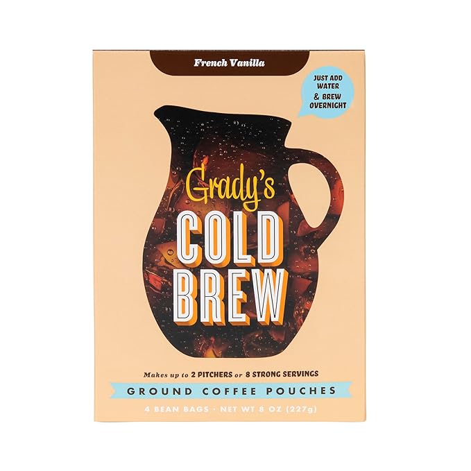 GRADY’S COLD BREW, French Vanilla, 100% Arabica Ground Coffee & Chicory Pouches, TWO Bundles of 4 Easy-to-Brew Bean Bags, Makes 24 drinks