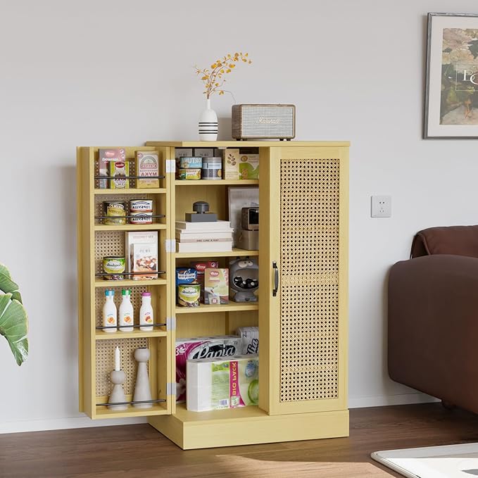 VINGLI Pantry Cabinet, Rattan Kitchen Storage Cabinet with 2 Doors and Adjustable Shelves, 40.5" H Food Storage Freestanding Cupboard for Small Space in Dining Room, Living Room