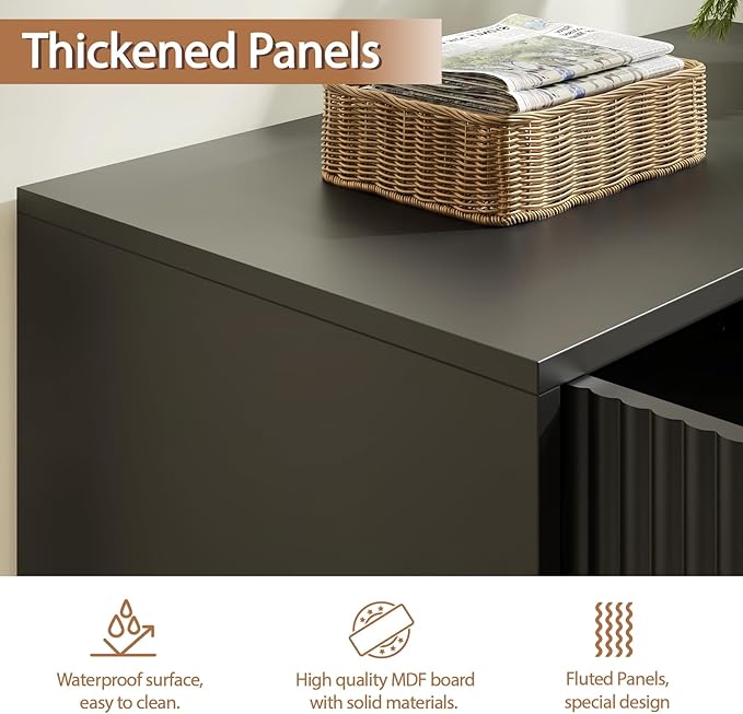 Fluted Storage Cabinet, 2 Doors Sideboard Buffet Cabinet, Modern Wood Accent Table with Adjustable Shelves, Console Table for Living Room, Hallway, Entryway, Black