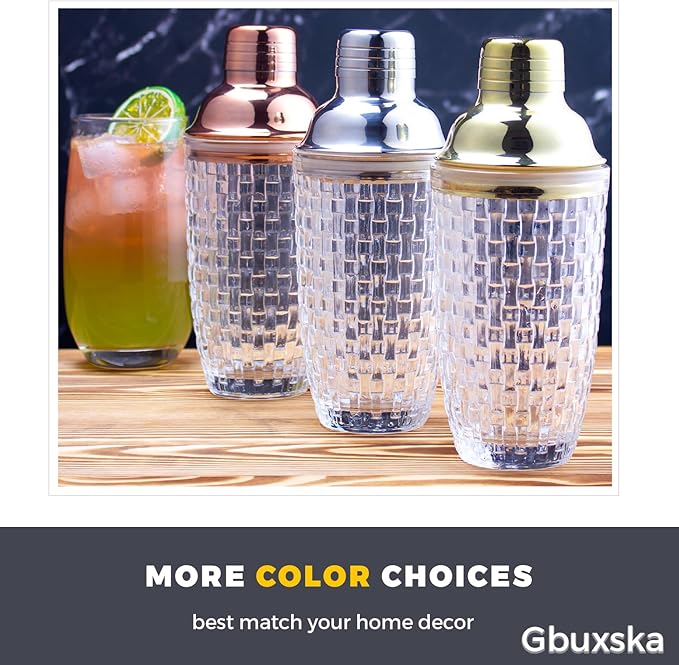 Cocktail Shaker Set - Martini Shaker, Drink Shakers Cocktail, Glass Shaker Bottle for Cocktails, Bars, Whiskey (Sliver)