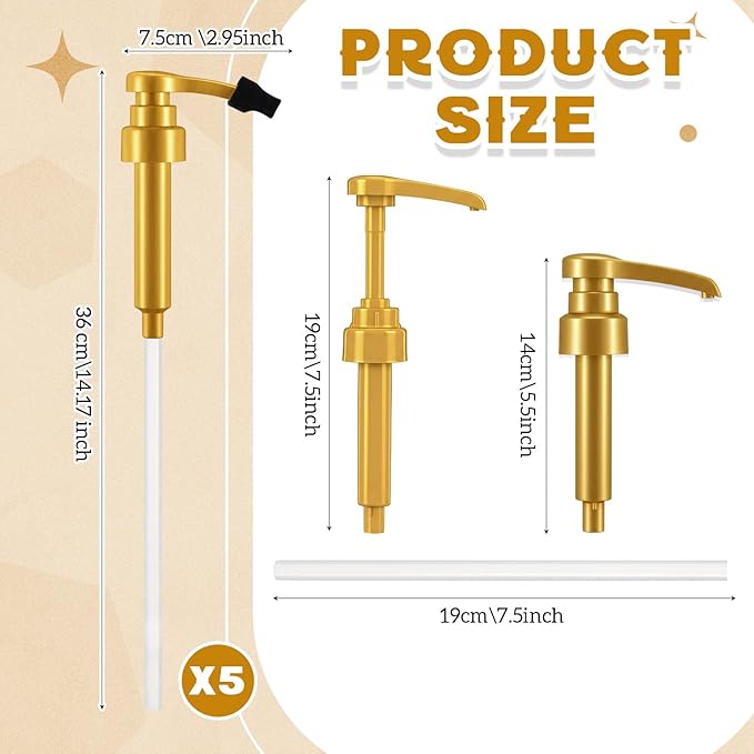 Nuogo 5 Pcs Coffee Syrup Pump Compatible with Monin 750ml (25.4 Fl Oz) Glass Bottles Flavor Syrup Pump Dispenser with Tip Covers (Gold)
