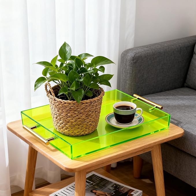 Acrylic Serving Tray with Handles Large Ottoman Food Decorative Tray for Coffee Table Tea Fruit Snack Kitchen Bar Platter, 17x13’’, Neon Green
