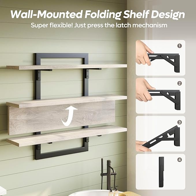 Bestier Floating Shelves for Wall, 32 inch Kitchen Shelves Wall Mounted, 3 Tier Coffee Bar Shelf with Foldable Brackets, Industrial Display Shelf for Bathroom, Living Room, Retro Grey
