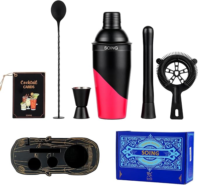 Cocktail Shaker Set with Unique Car-Shaped Wooden Stand,Bartender Kit with 24oz Shaker,Jigger,Muddler,Mixing Spoon,Strainer & Recipe Cards–Professional Home Bar Set