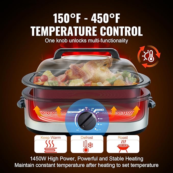 VEVOR Electric Roaster Oven with Defrost & Warm Function, 24 QT Turkey Roaster Oven with Self-Basting Lid, 1450W, Adjustable Temp, Removable Pan & Rack, Fits Turkeys Up to 28LBS, Silver