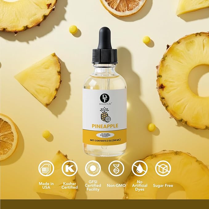 Dolce Flav Pineapple Extract – 2 Ounce Oil-Soluble Kosher, Sugar-Free, Concentrated Tropical Flavor for Candy, Chocolates & Desserts, Includes Measured Dropper