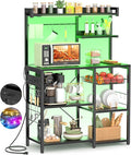Aheaplus Bakers Rack with Power Outlet and LED light strings, Microwave Oven Stand Kitchen Storage Shelf with Wire Basket, Coffee Bar Station Island table with 10 hooks for Spices, Pots, Pans, Black