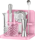 Crystal Cocktail Mixing Glass Set with Bamboo Stand - 22 Oz 650ml - Thick and Sturdy Bottom, Durable and Seamless Design with Bar Accessories, Pink