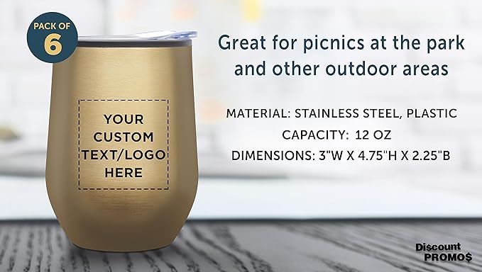 Custom Stemless Wine Tumblers 12 oz. Set of 6, Personalized Bulk Pack - Insulated, Perfect for Wine, Cocktails, Other Hot & Cold Beverages - Gold