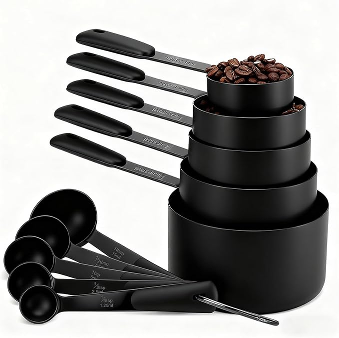Measuring Cups and Spoons Set, Titanium-Plated Matte Black Stainless Steel 10 Piece for Cooking and Baking (5 Cups + 5 Spoons All Black)