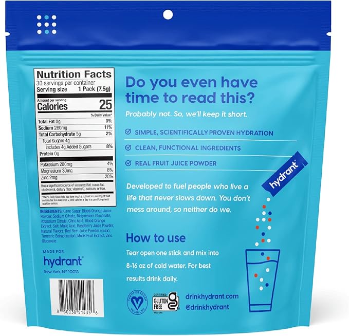 Hydrant - Hydration Powder, Blood Orange Flavor, 30 Individual Instant Electrolyte Rehydration Packets - Low Sugar Drink Mix for Daily Use, Travel & Workouts