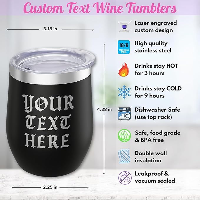 Gifts Inscribed Personalized Wine Tumbler with Lid – Black Custom Text Engraved Stainless Steel Insulated Mug for Hot & Cold Drinks – Customized Bridesmaid, Wedding, or Birthday Gift