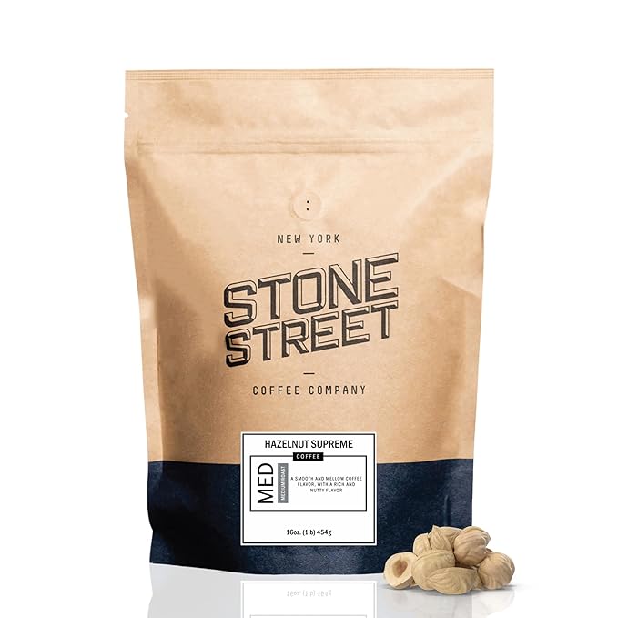 Stone Street Flavored Ground Coffee, Hazelnut Supreme, Freshly Roasted, 100% Colombian Arabica, Gourmet Coffee, Nutty Flavor, Medium Roast, 1 LB