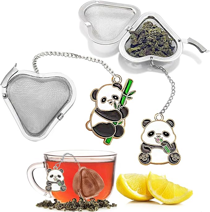 2pcs loose leaf tea steeper, cute tea strainer, stainless steel heart shaped tea infuser, tea ball for loose leaf tea gifts for tea lovers (2 cute pandas)