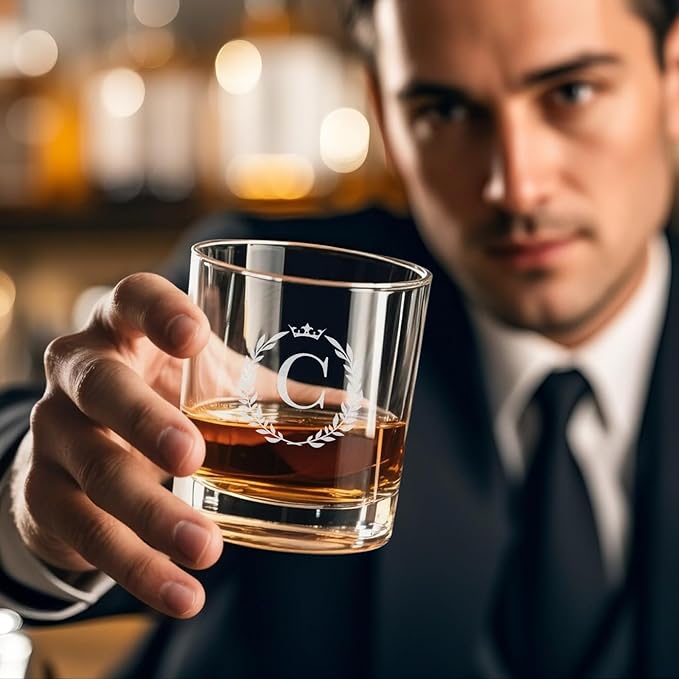 Personalized Whiskey Glasses Gifts for Men, Monogrammed Engraved A-Z 10.6 oz Rocks Glass Customized Gift, Unique Christmas Birthday Gifts for Men Him Dad Husband Brother Son (C)