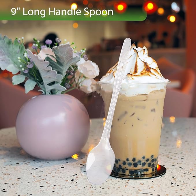 Long Plastic Spoons, 150Pcs Disposable Spoons Heavy Duty Teaspoons 9 Inch Long Handle Spoon for Stirring Ice Cream Milkshakes Stirring Cocktails and Tall Iced Beverages Party Supplies