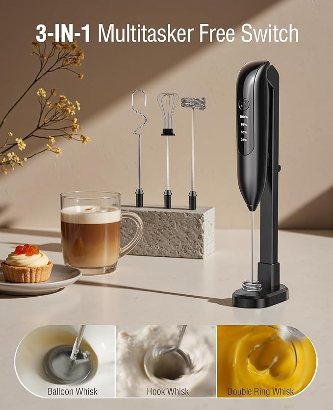 Electric Milk Frother Handheld: Rechargeable 3 in 1 - LED Digital Display with 3 Speeds Portable Stainless Steel Drink Foam Mixer for Milk Coffee, Lattes, Cappuccino, Matcha - Charcoal Black