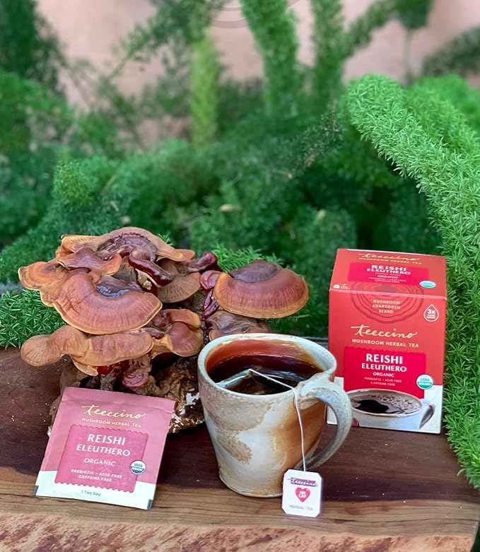 Teeccino Reishi Eleuthero Tea - French Roast - Organic Mushroom Adaptogenic Herbal Tea, 3x More Herbs than Regular Tea Bags, Caffeine Free, Chicory Prebiotic - 10 Tea Bags