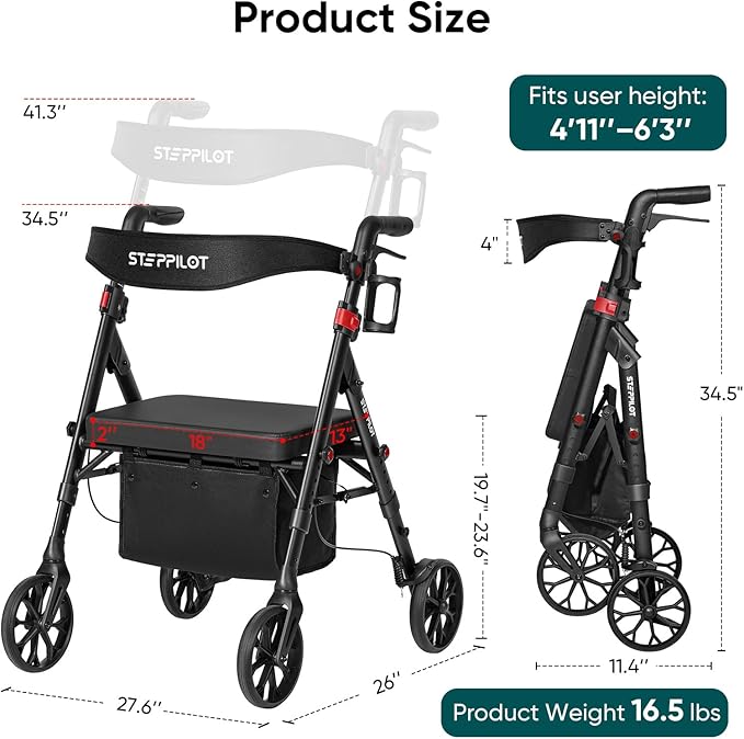 Foldable Aluminum Rollator Walkers with Cushion Seat for Senior, 16lbs Lightweight & 500 lbs Max Load, Adjustable 5-Level Seat Height & 6-Level Handles Height,8" Big Wheels,Dual Braking, Storage Bag