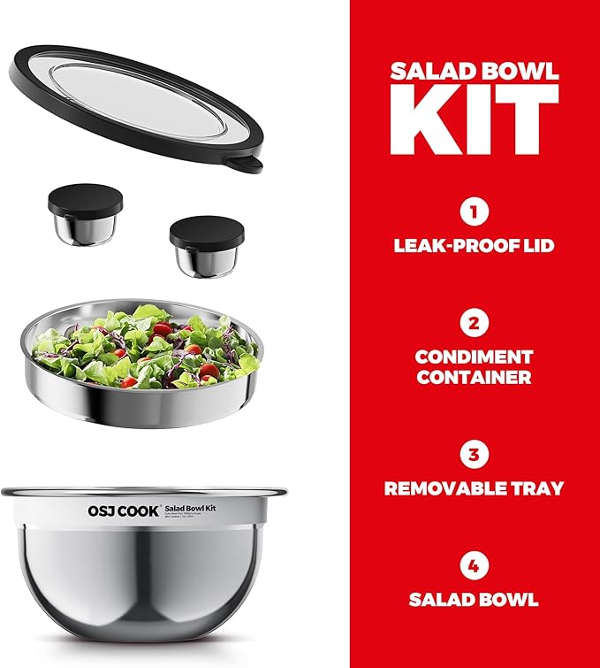 18/8 Stainless Steel Salad Bowl Kit - 74oz, Mixing Bowls with Lids Set, Teakwood - Comes with 1.7oz Condiment Container and Removable Tray for Organization - Leak-Proof, Dishwasher Safe (Mirror)