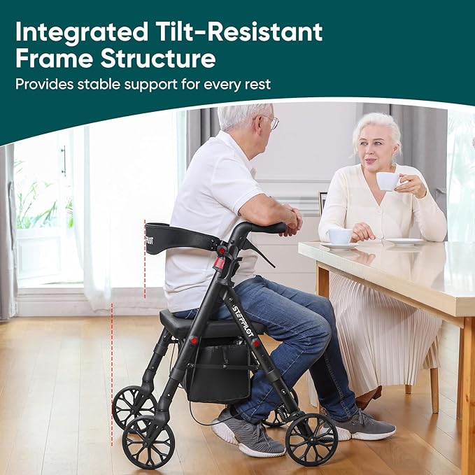 Foldable Aluminum Rollator Walkers with Cushion Seat for Senior, 16lbs Lightweight & 500 lbs Max Load, Adjustable 5-Level Seat Height & 6-Level Handles Height,8" Big Wheels,Dual Braking, Storage Bag