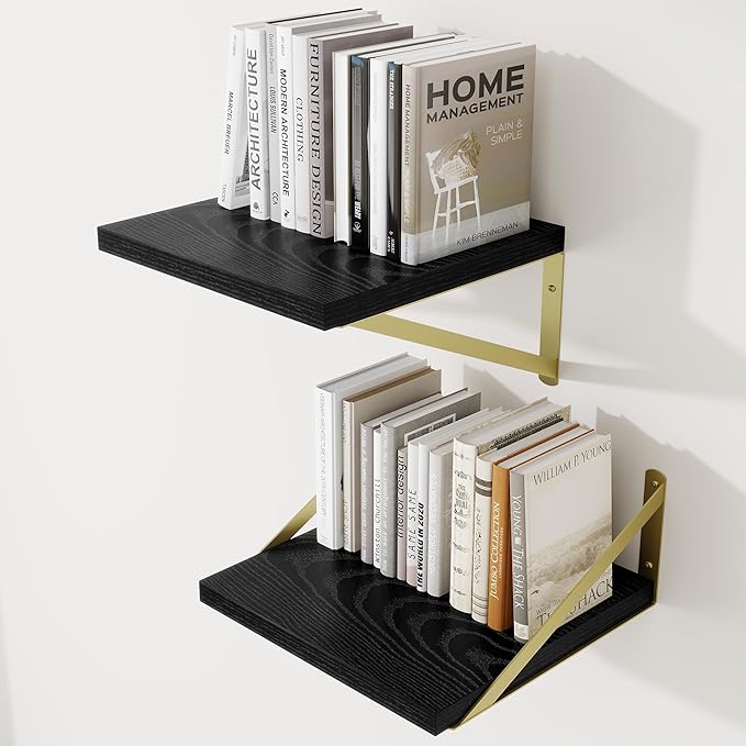 Deep Wall Shelves 12"W x 12"D Engineered Wood Floating Shelves for Wall, Sturdy Metal Bracket(Gold) Bookshelves Home Decor Storage for Living Room Bedroom Bathroom Kitchen, Set of 2, Black Finish