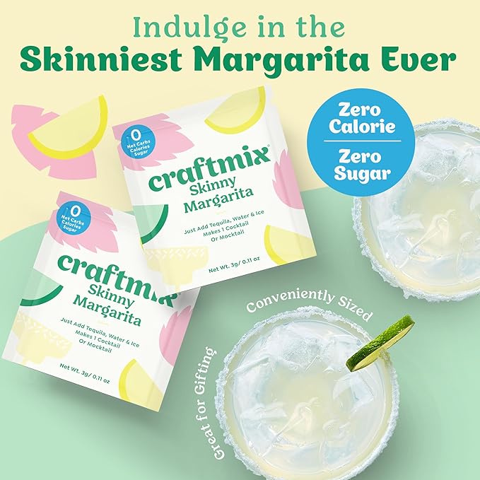 Craftmix Skinny Margarita Cocktail & Mocktail Drink Mixer, Skinny Mixes - Water Flavoring Packets - Made With Real Fruit - Vegan, No-Carb, No-Sugar, Non-GMO, Dairy Free, Gluten Free, 12 Pack