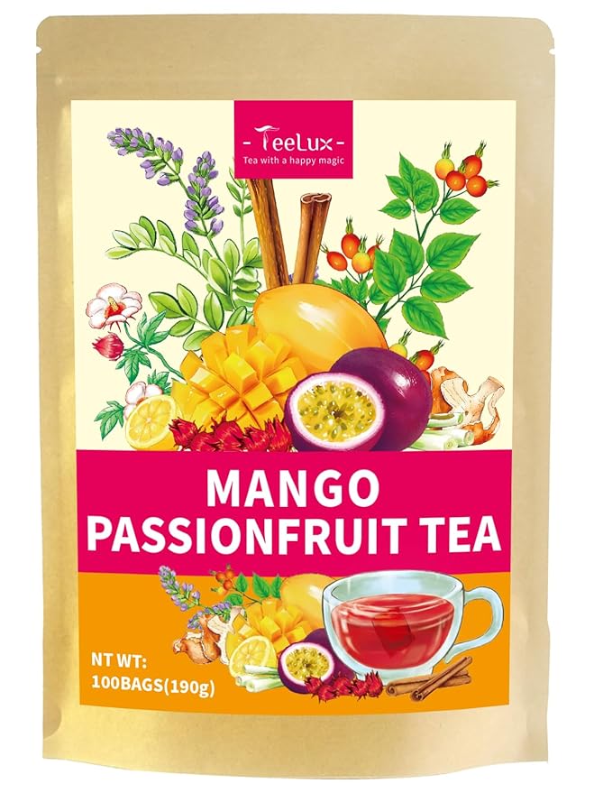 TeeLux Mango Passion Fruit Tea with Hibiscus Rosehip, Cinnamon & Citrus Blend, Caffeine-Free Tropical Tea, 100 Count