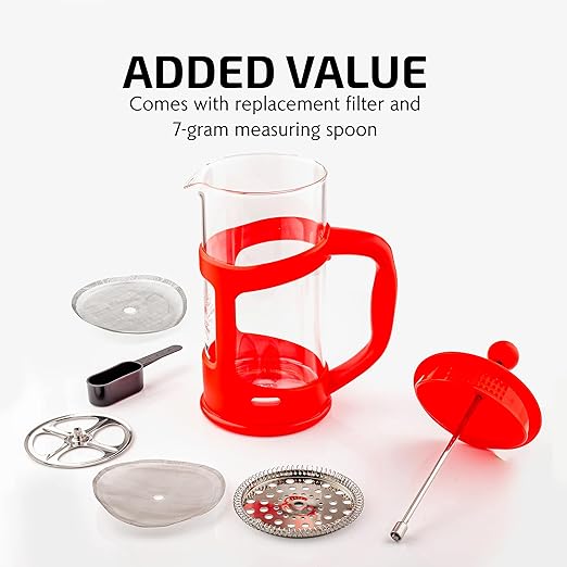 OVENTE French Press Coffee Maker 34 Ounce with Heat Resistant Borosilicate Glass & Stainless Steel 4-Level Filtration System, Portable Cold Brew Coffee Maker for Travel, Camping or Gift, Red FPT34R